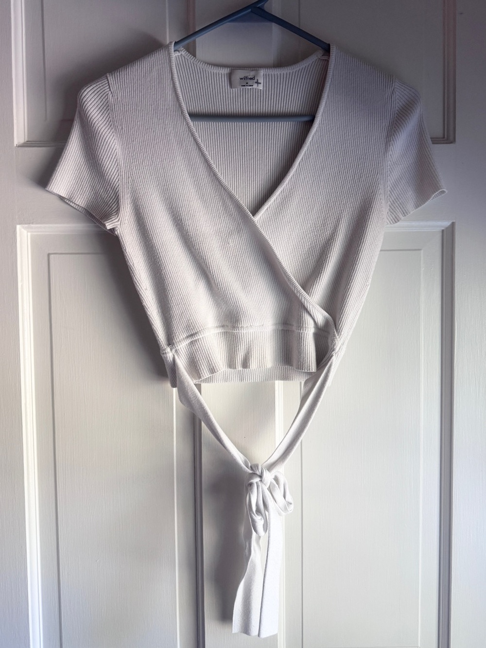 Aritzia Wilfred Free Ribbed Wrap Tie Crop Top White Size Medium
